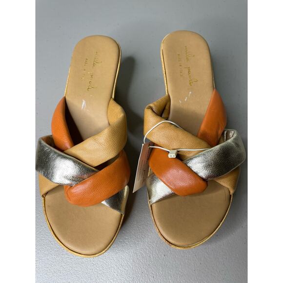 Mila Paoli Wedge Heel Sandal Slide Open Toe Genuine Leather Brown Tan Orange 6.5 - Picture 9 of 10